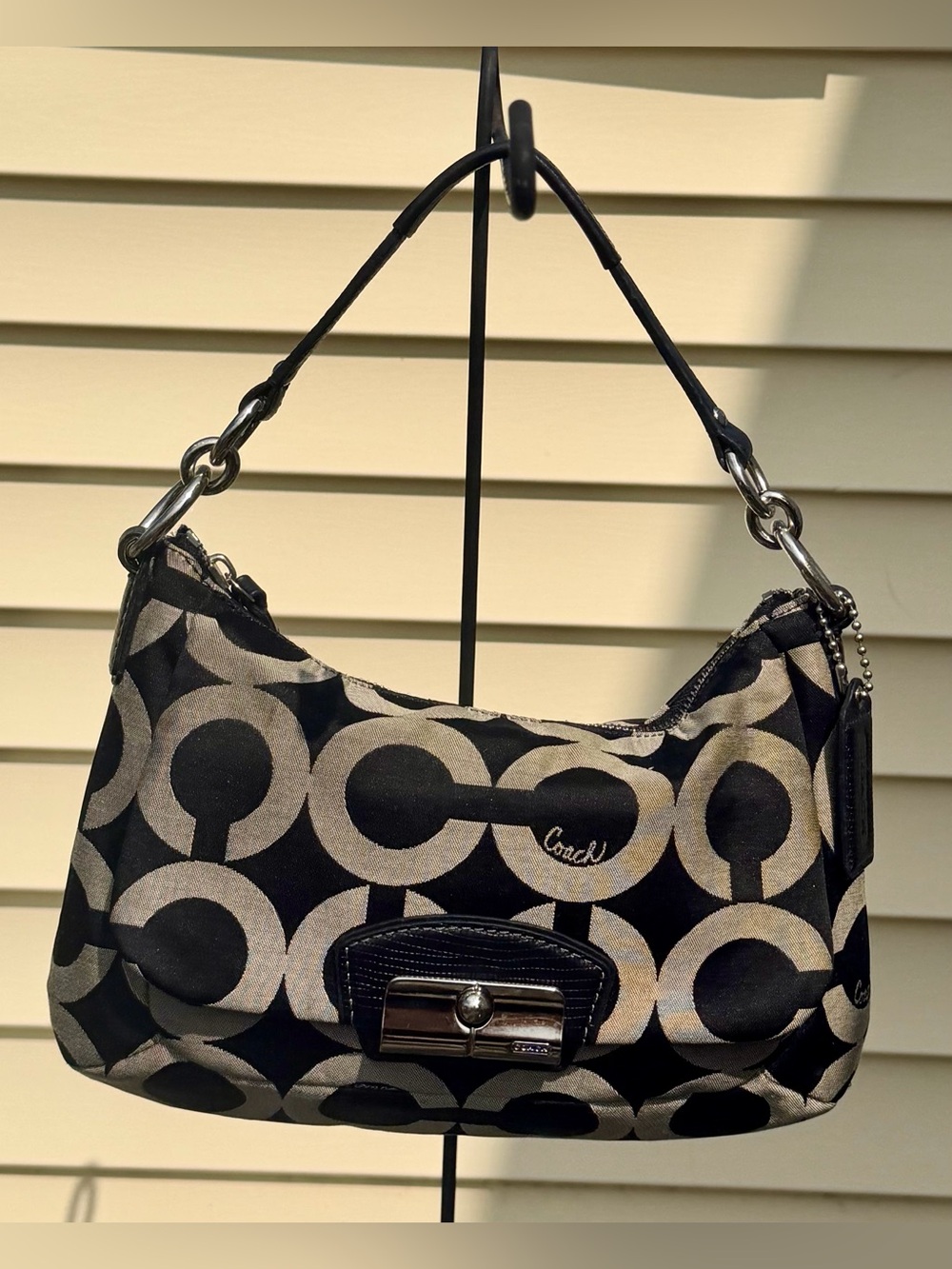 Coach Op Art Black and Ivory Signature Crescent Shoulder Bag
